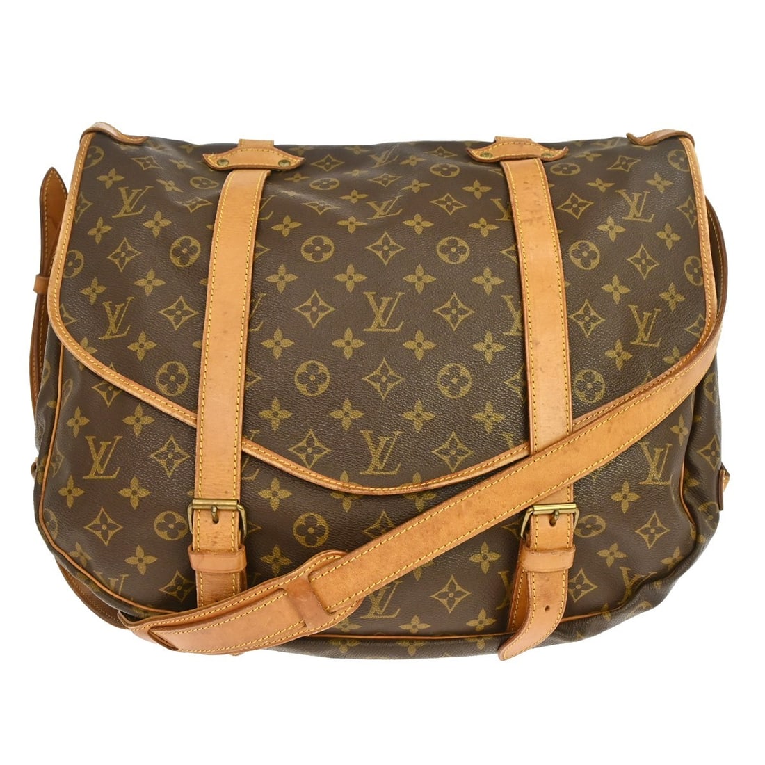 Louis Vuitton Saumur 43 Monogram Crossbody Messenger Bag M42252: Louis Vuitton Saumur 43 Monogram Crossbody Messenger Bag M42252 Vintage Louis Vuitton Saumur messenger bag in brown Monogram canvas with leather trim and an adjustable crossbody strap. The bag feature