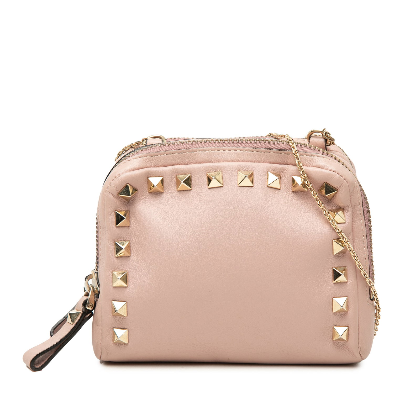 Valentino Rockstud Double Zip Leather Crossbody Bag Pink: Valentino Rockstud Double Zip Leather Crossbody Bag Pink Valentino Rockstud double zip crossbody bag in pink leather with a studded body, chain link shoulder strap, and dual top zip closures. Includes