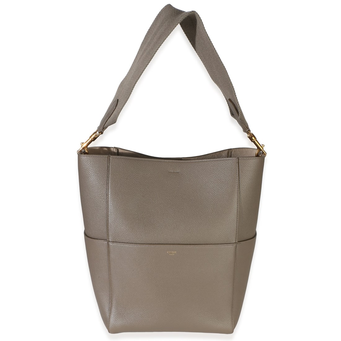 Celine Sangle Bucket Bag Medium Gray Leather Suede Lined: Celine Sangle Bucket Bag Medium Gray Leather Suede Lined Pre-owned Celine Sangle Bucket Bag in soft grained calfskin with a taupe-gray exterior and suede lining. This medium unisex tote features a gol
