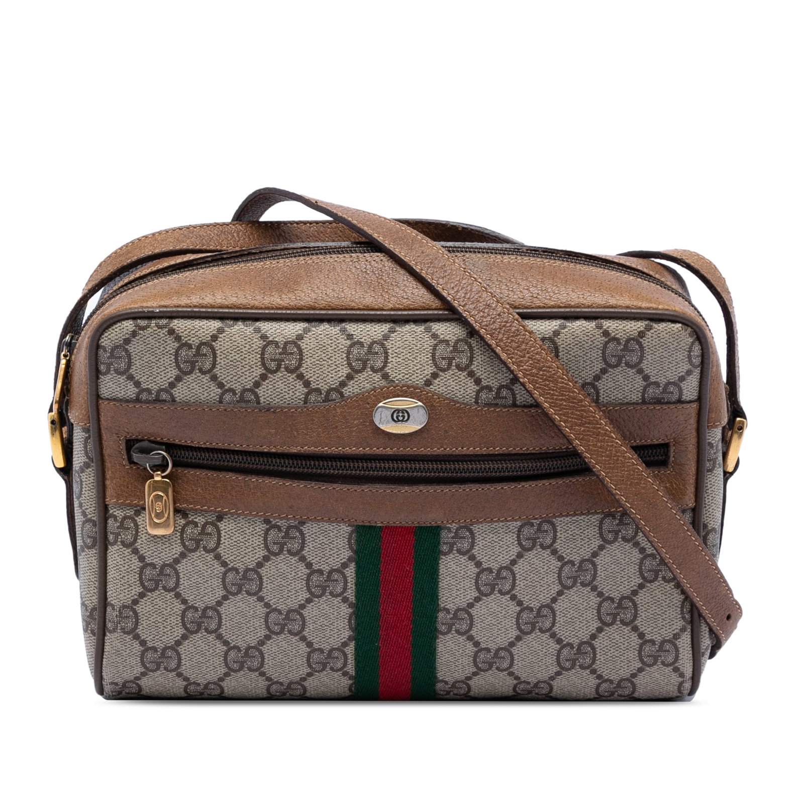 Gucci GG Supreme Web beige crossbody bag: Gucci GG Supreme Web beige crossbody bag This Gucci GG Supreme Web Crossbody bag is crafted from coated canvas with leather trim and features an adjustable flat leather strap. The bag is designed with