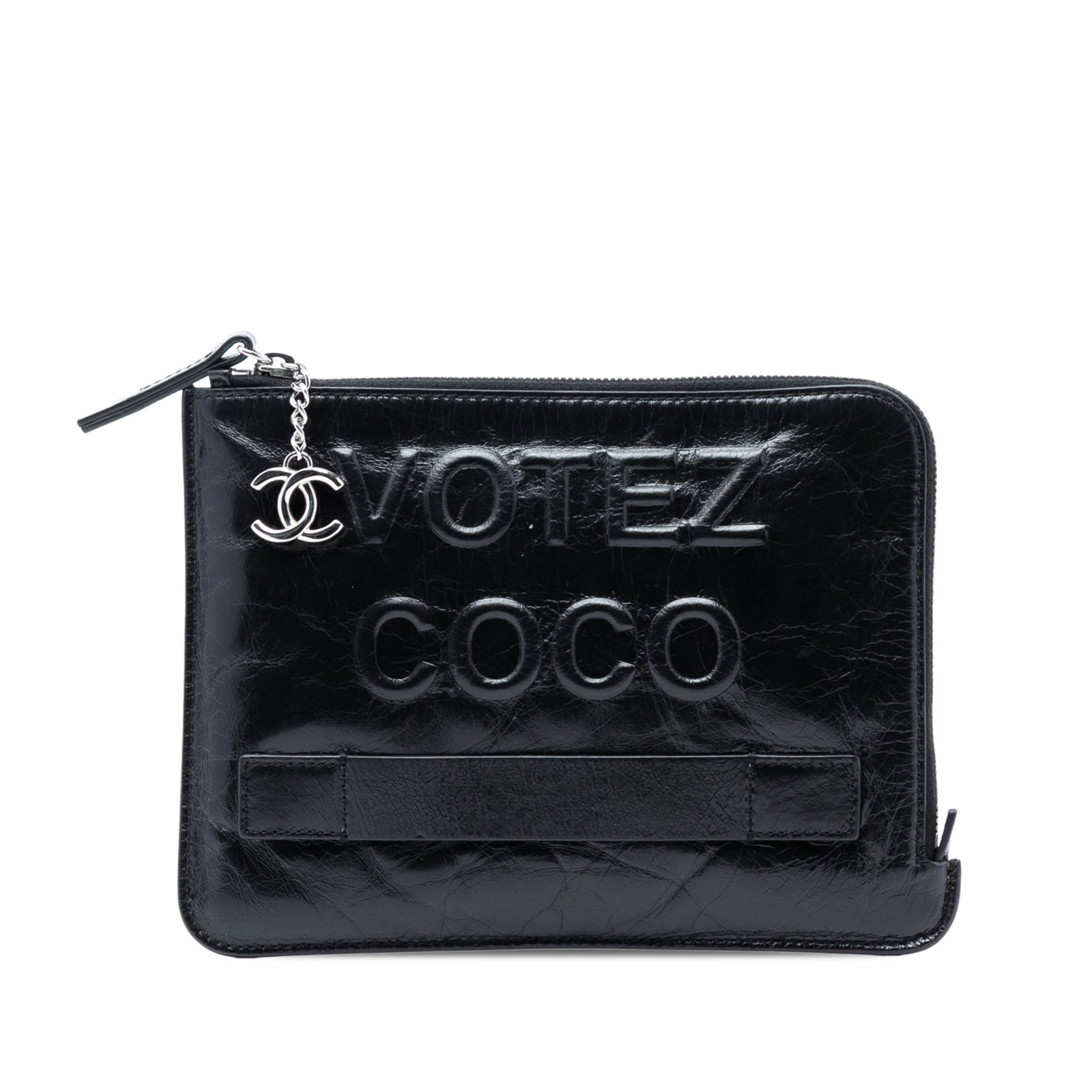 Chanel Votez Coco Black Leather Clutch with Zip Closure and Back Pocket: Chanel Votez Coco Black Leather Clutch with Zip Closure and Back Pocket This Chanel Aged Calfskin Votez Coco Clutch is crafted from lambskin leather and features a top zip closure, a back slip pocket,