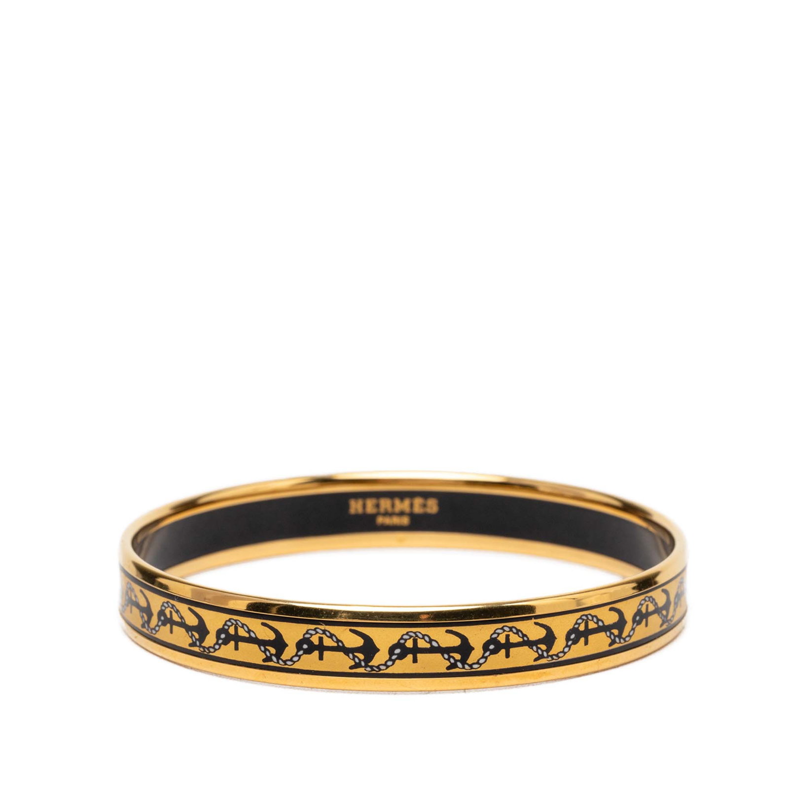 Hermes Anchor and Rope Enamel Bracelet Size 65: Hermes Anchor and Rope Enamel Bracelet Size 65 Hermes Narrow Anchor and Rope enamel bangle in yellow with gold-tone metal accents. This costume bracelet is made in Austria and includes the box. Condit
