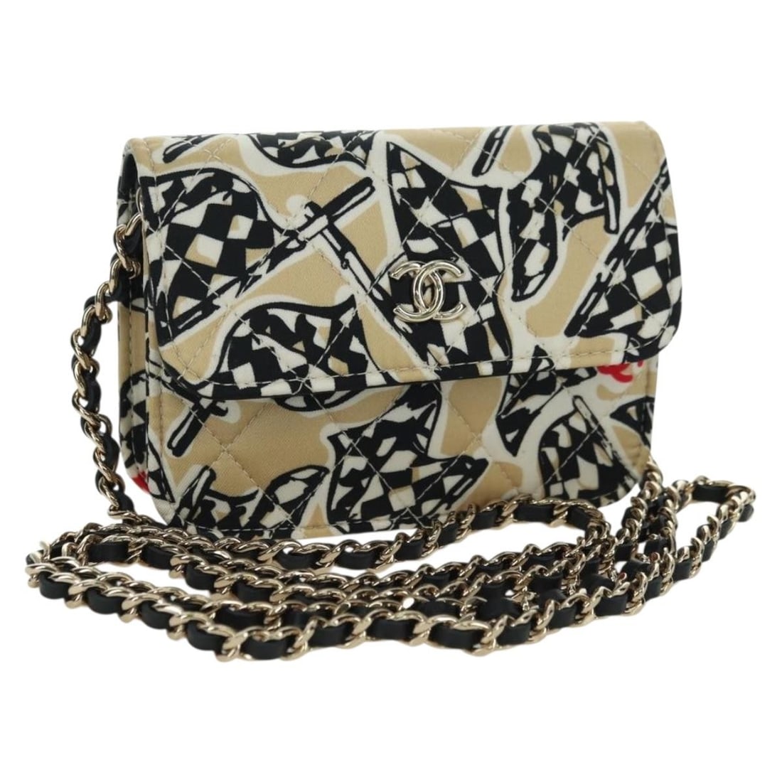 CHANEL Checker Flag Matelasse Cotton Chain Shoulder Pouch Beige CC: CHANEL Checker Flag Matelasse Cotton Chain Shoulder Pouch Beige CC CHANEL Matelasse checker flag chain pouch in beige cotton with gold-tone exterior color accents. This shoulder bag is made in Italy a