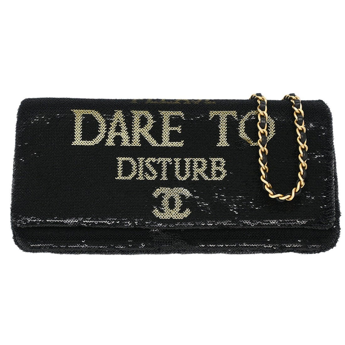 CHANEL black sequin leather shoulder bag with chain strap: CHANEL black sequin leather shoulder bag with chain strap Chanel Dare To Disturb shoulder bag in black leather with sequined detailing and logo accents. This medium shoulder bag features a magnetic cl