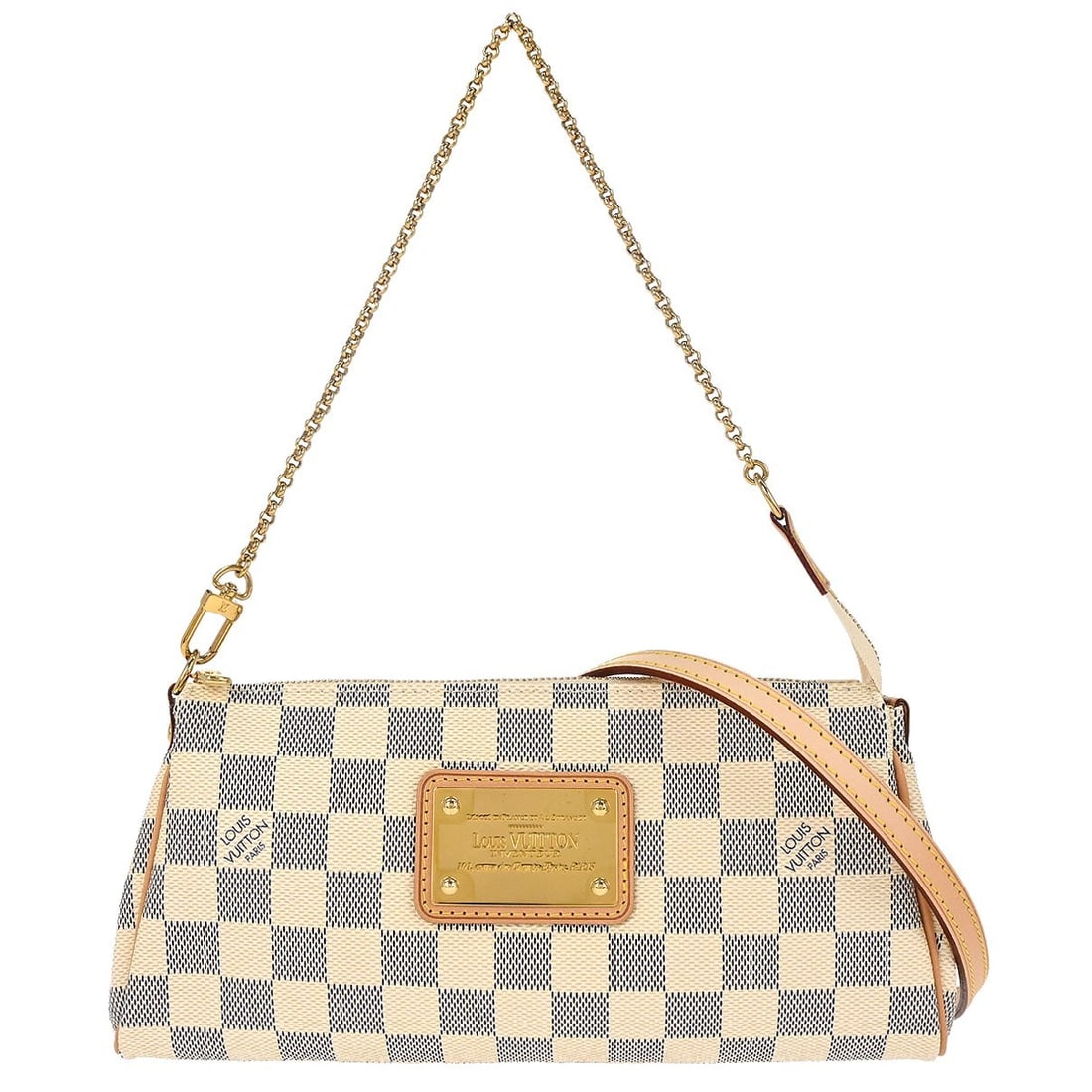 Louis Vuitton Eva N55214 Damier Azur 2way Chain Shoulder Bag: Louis Vuitton Eva N55214 Damier Azur 2way Chain Shoulder Bag Louis Vuitton Damier Azur Eva 2way Chain Handbag in small size, featuring a zipper closure, chain strap, and logo accent. It is made in Fra