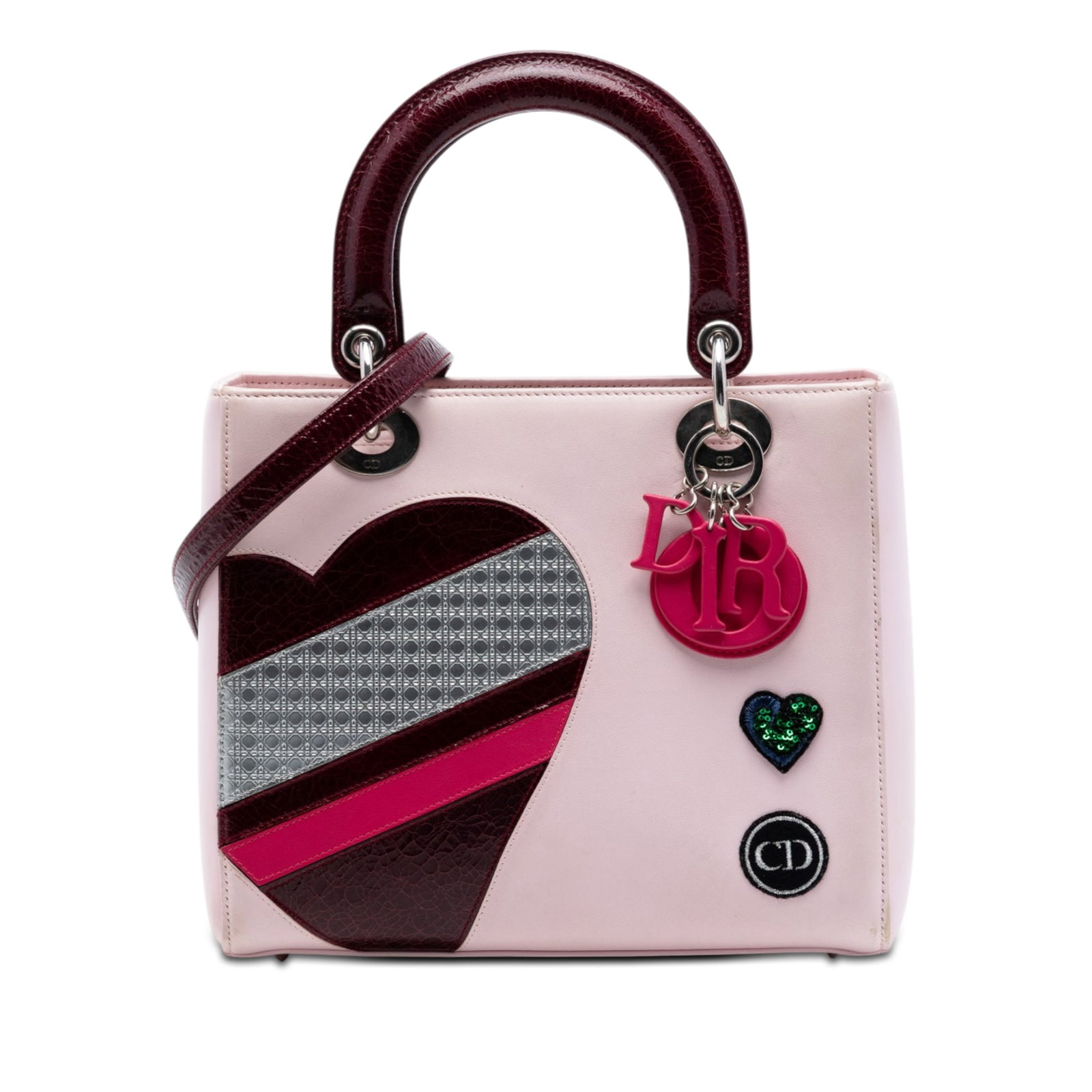 Dior Lady Dior Medium Pink Patent Calfskin Heart Embroidered Bag: Dior Lady Dior Medium Pink Patent Calfskin Heart Embroidered Bag This Lady Dior bag features a calf leather body with patent leather and embroidered details, structured patent leather handles, a detac