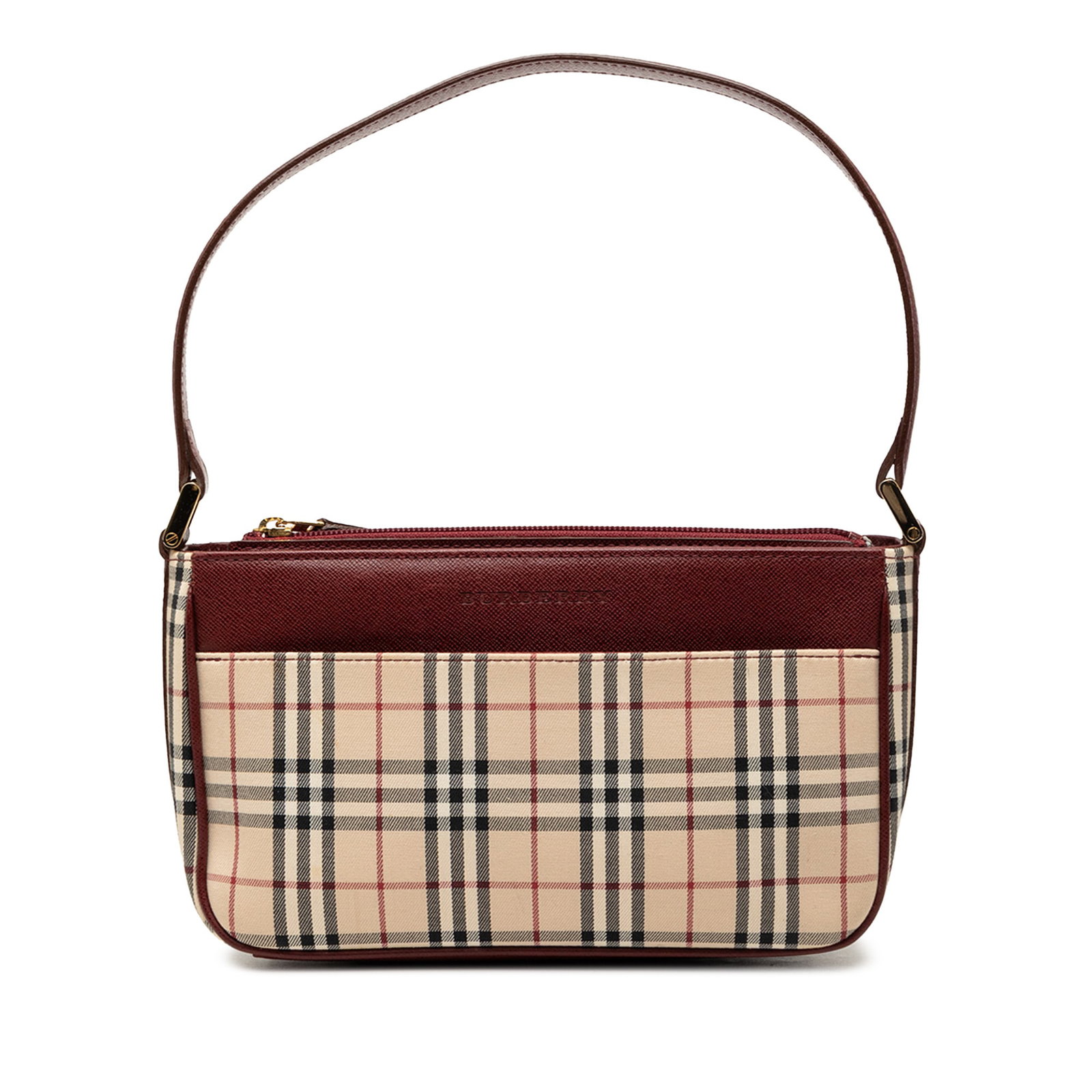 Burberry House Check Shoulder Bag in Canvas with Leather Trim: Burberry House Check Shoulder Bag in Canvas with Leather Trim Burberry House Check canvas shoulder bag with leather trim, a flat leather strap, top zip closure, and interior zip and slip pockets. The 