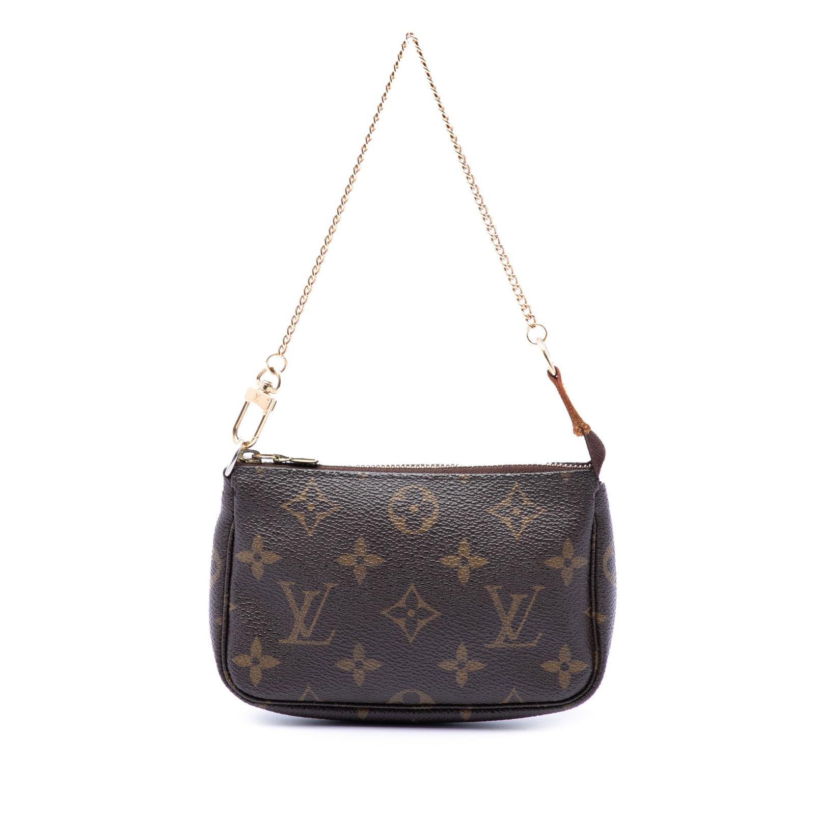 Louis Vuitton Monogram Mini Pochette Bag with Chain Strap: Louis Vuitton Monogram Mini Pochette Bag with Chain Strap Louis Vuitton Monogram Mini Pochette Accessoires bag featuring a monogram canvas body, gold-tone chain strap, and top zip closure. It is made 
