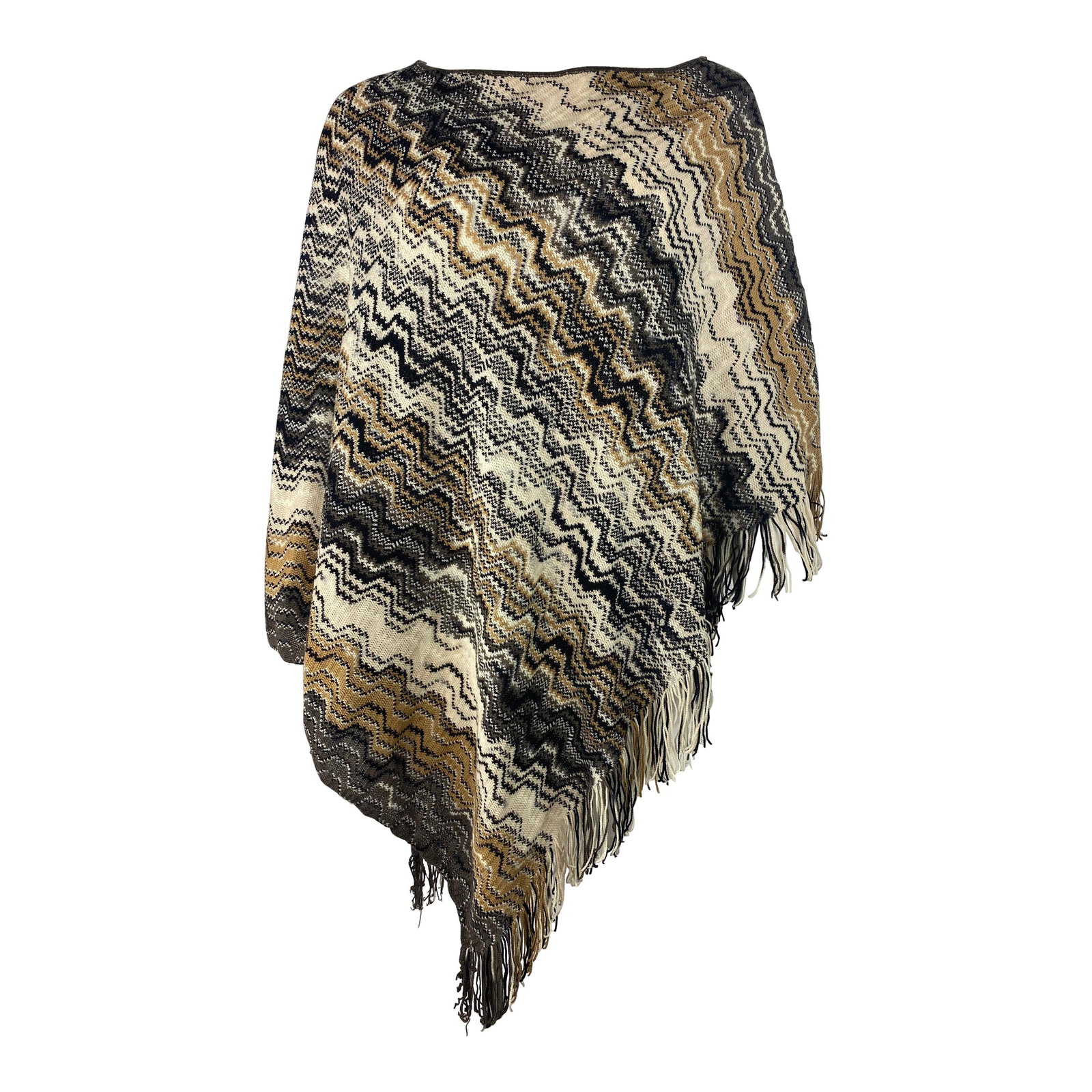 Missoni Geometric Wool Poncho with Fringe Hem: Missoni Geometric Wool Poncho with Fringe Hem Missoni wool poncho sweater cover up featuring a black, white, grey, and brown geometric pattern with fringes along the bottom. The piece dates to the 198
