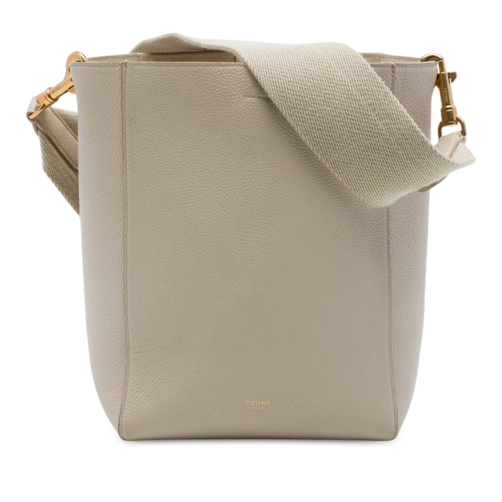 Celine Seau Sangle Small Bucket Bag in Grained Calfskin: Celine Seau Sangle Small Bucket Bag in Grained Calfskin This Celine Small Seau Sangle bucket bag is crafted in soft grained calfskin leather and features a flat canvas strap, an open top with hook clo