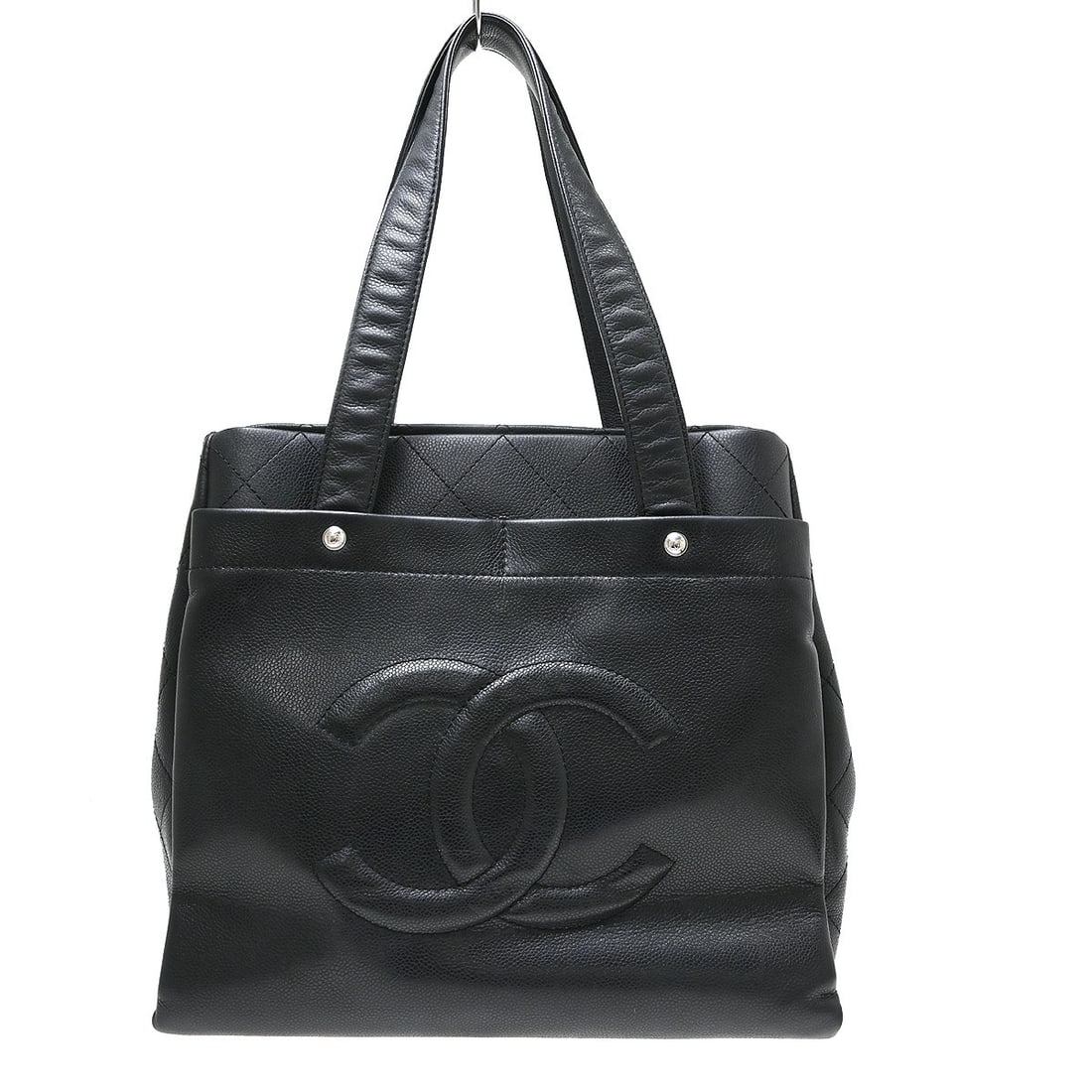 CHANEL Matelasse Medium Tote Bag in Black Caviar Leather: CHANEL Matelasse Medium Tote Bag in Black Caviar Leather Chanel tote handbag in black caviar skin leather with a matelasse quilted design and logo accents. This medium handbag features double handles,