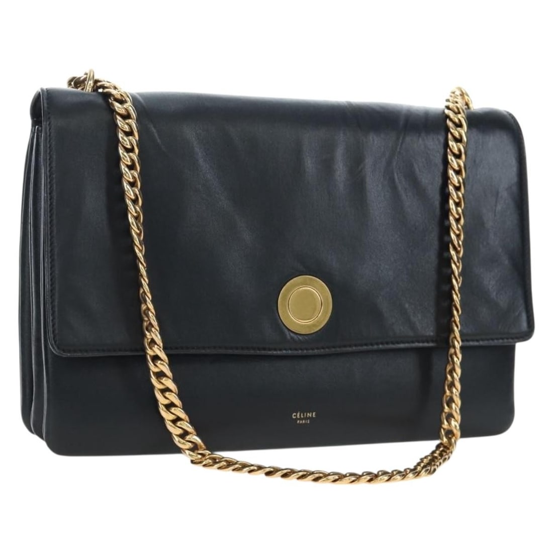 CELINE black leather shoulder bag with gold tone chain: CELINE black leather shoulder bag with gold tone chain Authentic CELINE chain shoulder bag in black leather with gold-tone accents. Made in Italy, this women's shoulder bag has a slim profile and a cl