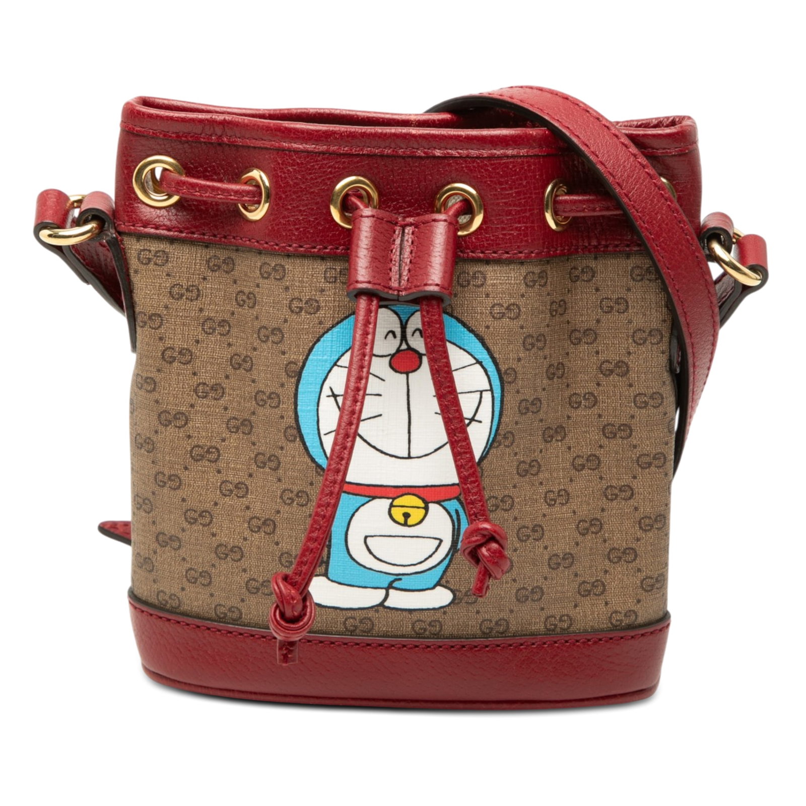 Gucci Doraemon Micro GG Supreme Drawstring Bucket Bag: Gucci Doraemon Micro GG Supreme Drawstring Bucket Bag Gucci Micro GG Supreme Doraemon Bucket Bag in beige, made in Italy. This bucket bag features a coated canvas body with leather trim, a flat leathe