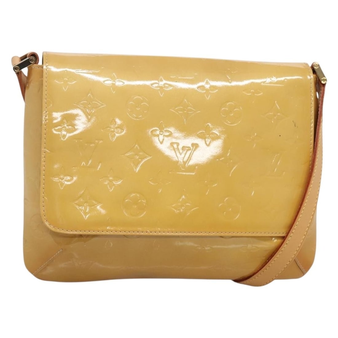 LOUIS VUITTON Monogram Vernis Thompson Street Bag Beige M91301 Spain: LOUIS VUITTON Monogram Vernis Thompson Street Bag Beige M91301 Spain Elevate your style with the LOUIS VUITTON Monogram Vernis Thompson Street Bag in a chic beige patent leather. This stylish shoulder