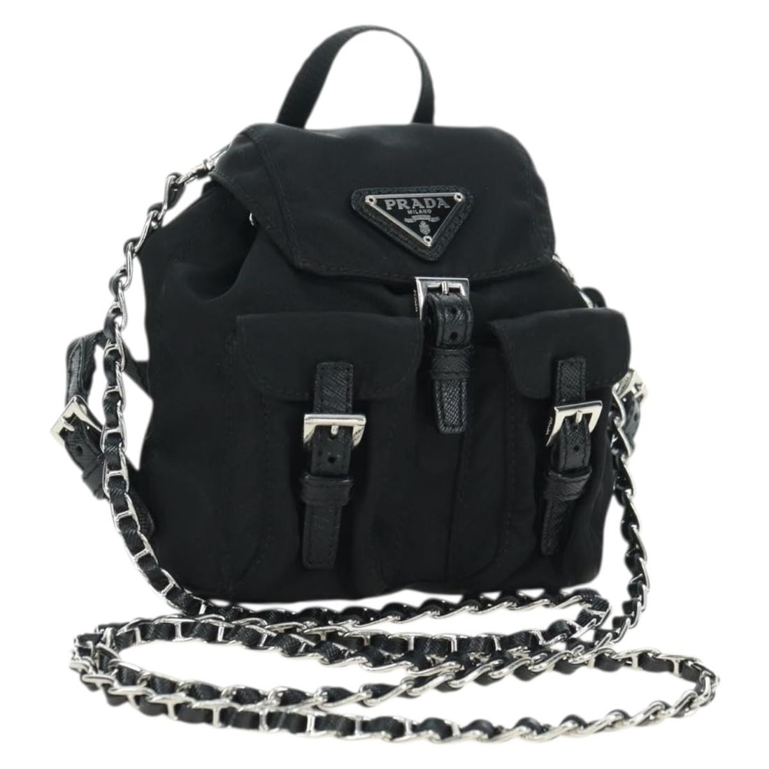 PRADA Nylon Shoulder Bag with Chain Strap Black Silver: PRADA Nylon Shoulder Bag with Chain Strap Black Silver Prada chain shoulder bag in black nylon with silver-tone exterior details. Designed for women, this shoulder bag was made in Italy and measures a