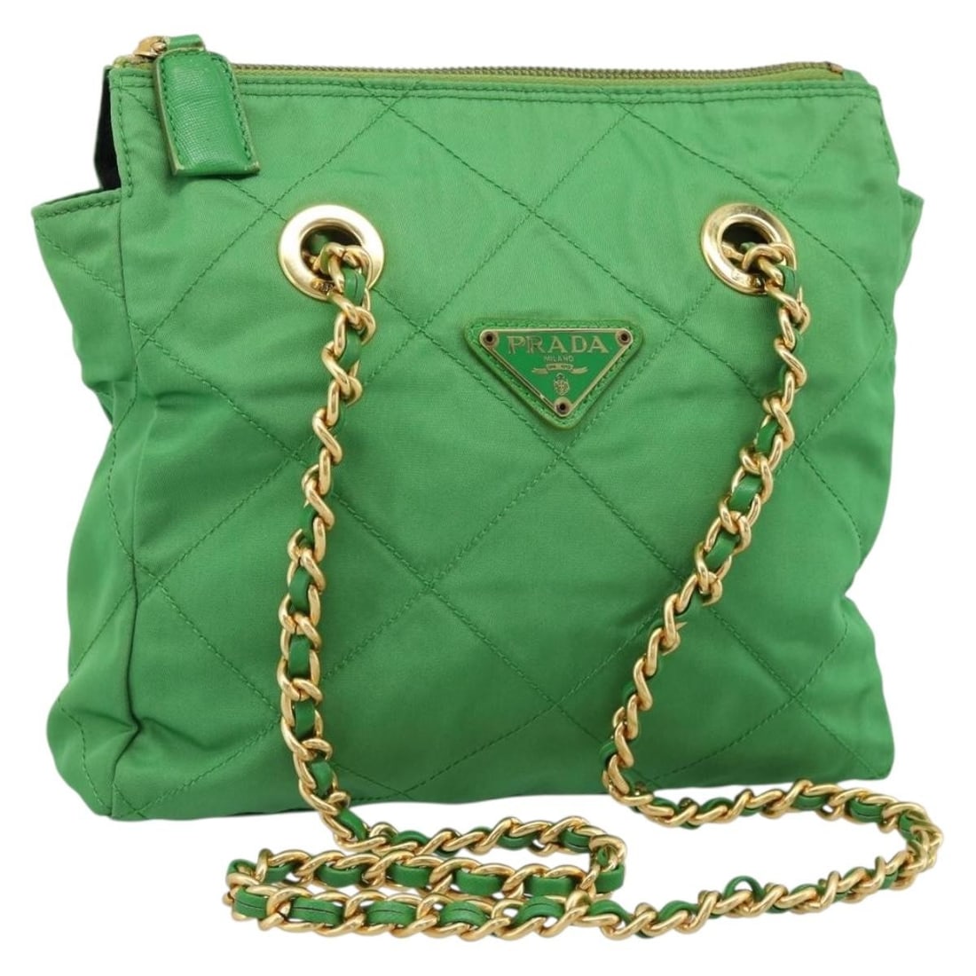 Prada Nylon Shoulder Bag with Chain Green Gold Italy: Prada Nylon Shoulder Bag with Chain Green Gold Italy Prada shoulder bag in green nylon with a chain shoulder strap and gold-tone accents. Made in Italy, this women's bag includes a dust bag. Condition