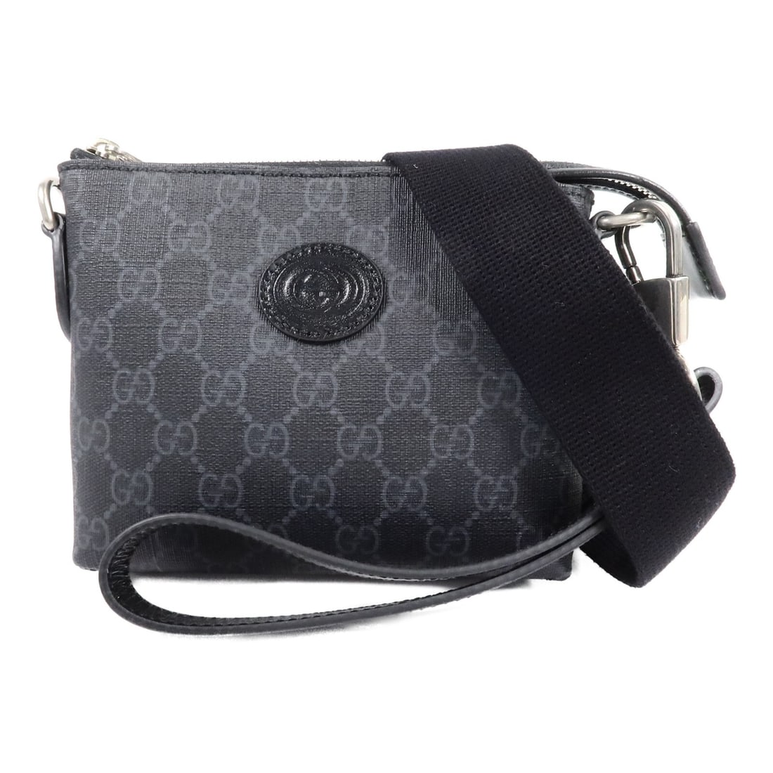 GUCCI 723306 GG Supreme Shoulder Bag Black Coated Canvas: GUCCI 723306 GG Supreme Shoulder Bag Black Coated Canvas Gucci GG Supreme shoulder bag in black PVC coated canvas with silver-tone hardware. This women's bag features an interior with three card slots