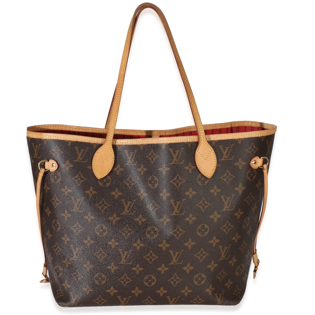 Louis Vuitton Neverfull MM Monogram Canvas Shoulder Bag: Louis Vuitton Neverfull MM Monogram Canvas Shoulder Bag Pre-owned Louis Vuitton Neverfull MM shoulder bag in brown monogram canvas with a red fabric lining. This unisex handbag features a clasp closur