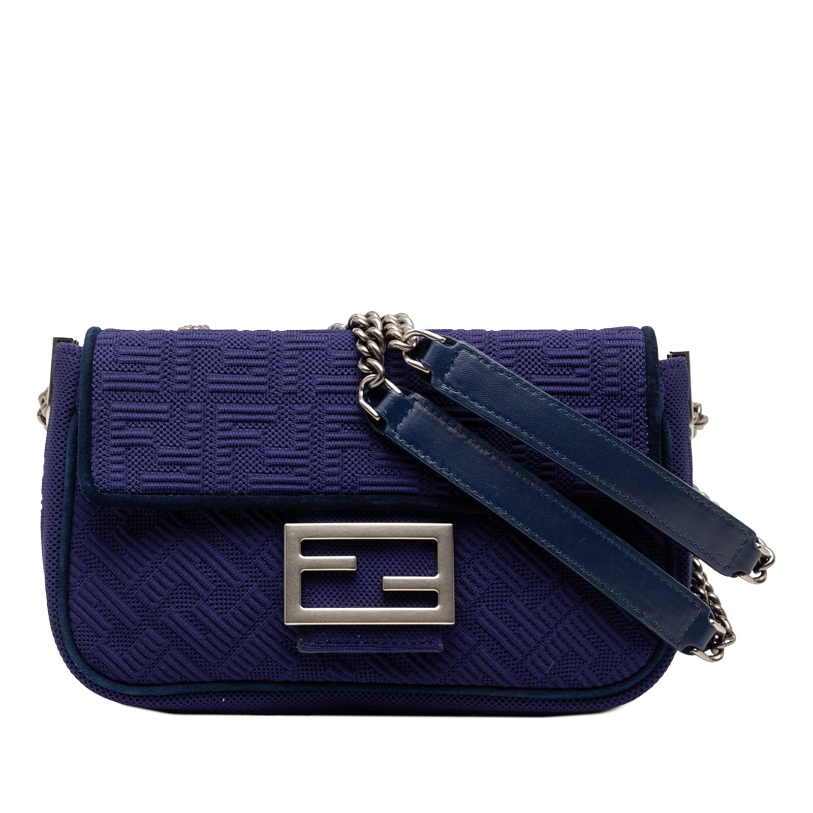 Fendi Shoulder Bag Blue Zucca Embossed Fabric Chain Midi Baguette: Fendi Shoulder Bag Blue Zucca Embossed Fabric Chain Midi Baguette This Fendi Zucca Embossed Technical Fabric Chain Midi Baguette is crafted in blue fabric and features a canvas body, a flat top handle