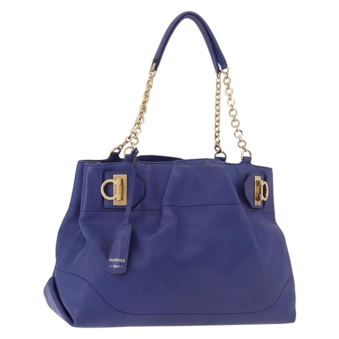 Salvatore Ferragamo Gancini Leather Tote Bag Blue Gold Italy: Salvatore Ferragamo Gancini Leather Tote Bag Blue Gold Italy Authentic Salvatore Ferragamo Gancini chain shoulder tote bag in blue leather. This women's tote includes a dust bag and charm. Condition i