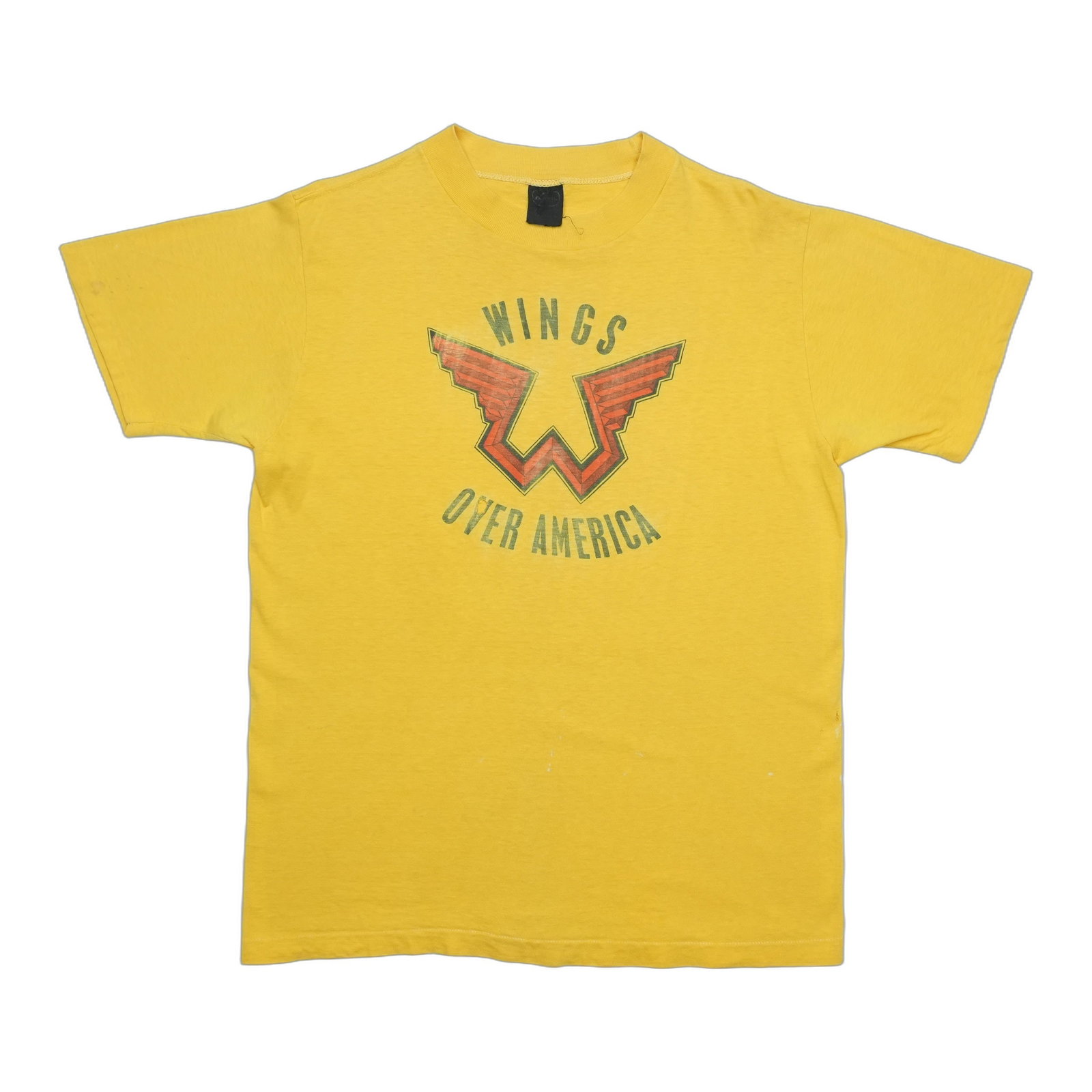 Yellow 1970s Wings Over America 1976 Cotton Graphic Tee: Yellow 1970s Wings Over America 1976 Cotton Graphic Tee Authentic vintage 1976 Wings Over America shirt from the 1970s. This original single-stitch shirt features a front graphic only and is a true vi
