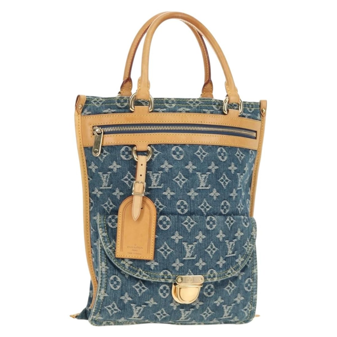 Louis Vuitton M95018 blue monogram denim handbag with dust bag: Louis Vuitton M95018 blue monogram denim handbag with dust bag Louis Vuitton monogram denim handbag in blue with a slim profile and included dust bag and name tag. This women's handbag is made in Fran