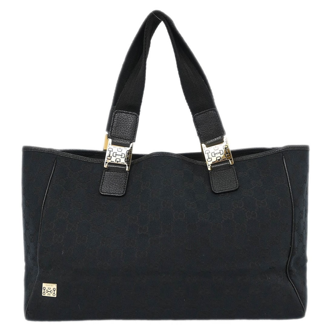 Gucci 145758 002404 medium black canvas leather GG tote: Gucci 145758 002404 medium black canvas leather GG tote Vintage Gucci GG tote bag in black canvas and leather. This medium tote features one exterior pocket plus one interior zipper pocket and one int