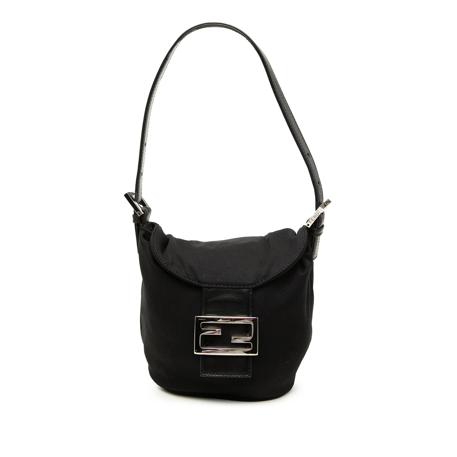 Fendi Nylon Handbag Black Fabric Flap Bag: Fendi Nylon Handbag Black Fabric Flap Bag Fendi nylon handbag with a flat leather handle, flap closure with magnetic snap, and an interior zip pocket. The bag shows signs of wear and use, including st