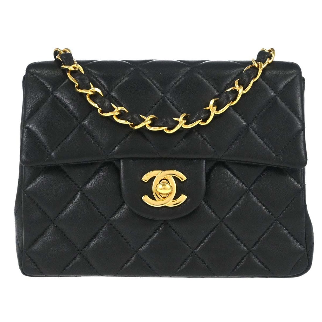 CHANEL Classic Flap Mini Square Lambskin Shoulder Bag Black: CHANEL Classic Flap Mini Square Lambskin Shoulder Bag Black Chanel Classic Flap Mini Square chain shoulder bag in black lambskin leather with matelasse quilting and a flap turnlock closure. Designed w