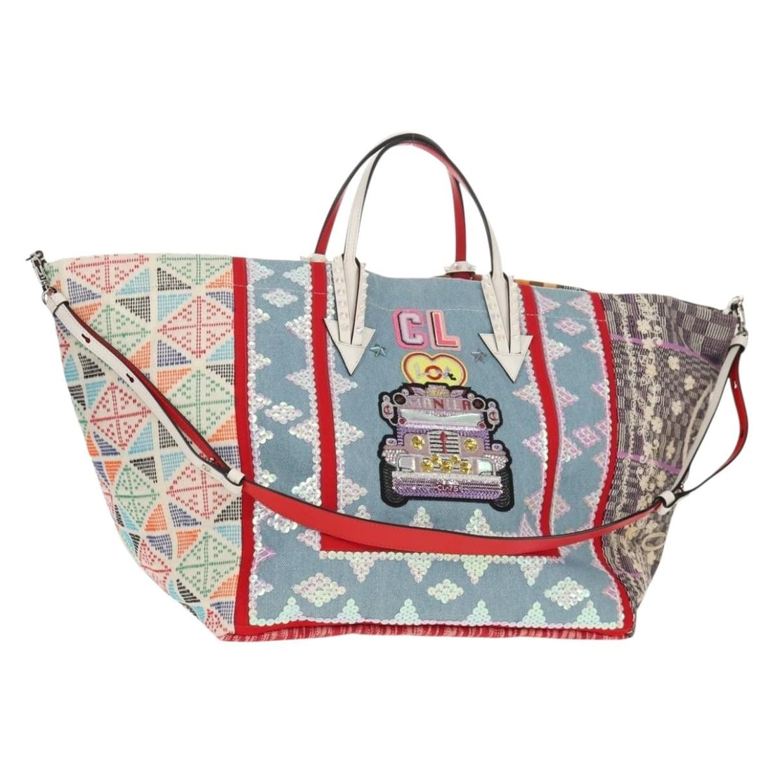 Christian Louboutin 2way Canvas Tote Bag Blue Silver with Shoulder Strap: Christian Louboutin 2way Canvas Tote Bag Blue Silver with Shoulder Strap Authentic Christian Louboutin 2-way tote bag in blue and silver canvas. Designed for women, this tote includes a shoulder strap