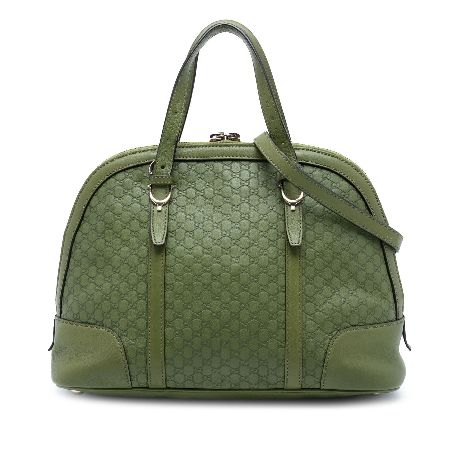 Green Leather Gucci Microguccissima Nice Small Dome Bag with Strap: Green Leather Gucci Microguccissima Nice Small Dome Bag with Strap This Gucci Small Microguccissima Nice Dome Satchel features an embossed leather body in green, flat leather handles, a detachable fla