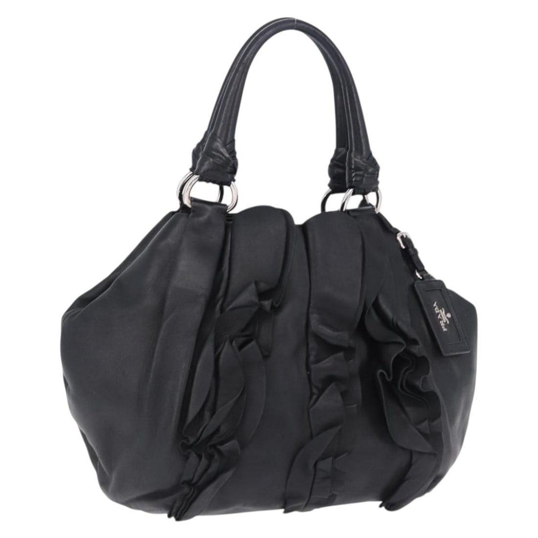 PRADA Black Leather Handbag with Dust Bag Auth 198268V: PRADA Black Leather Handbag with Dust Bag Auth 198268V Authentic Prada women's leather handbag in black with silver-tone accents, made in Italy. This handbag includes a dust bag and shows reasonable w
