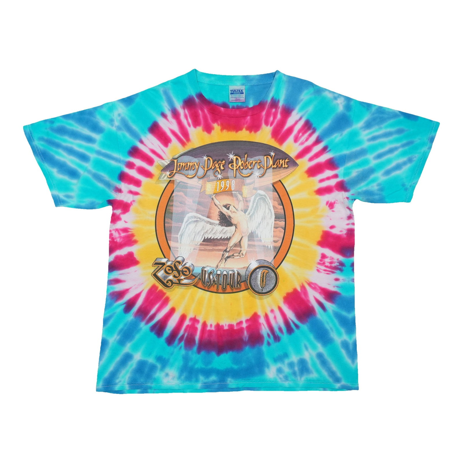 1998 Zoso Tour Tie Dye T Shirt Jimmy Page Robert Plant: 1998 Zoso Tour Tie Dye T Shirt Jimmy Page Robert Plant Original vintage 1998 Jimmy Page Robert Plant Zoso Tour tie-dye shirt. This is a true vintage shirt, not a modern reproduction. It is in good con