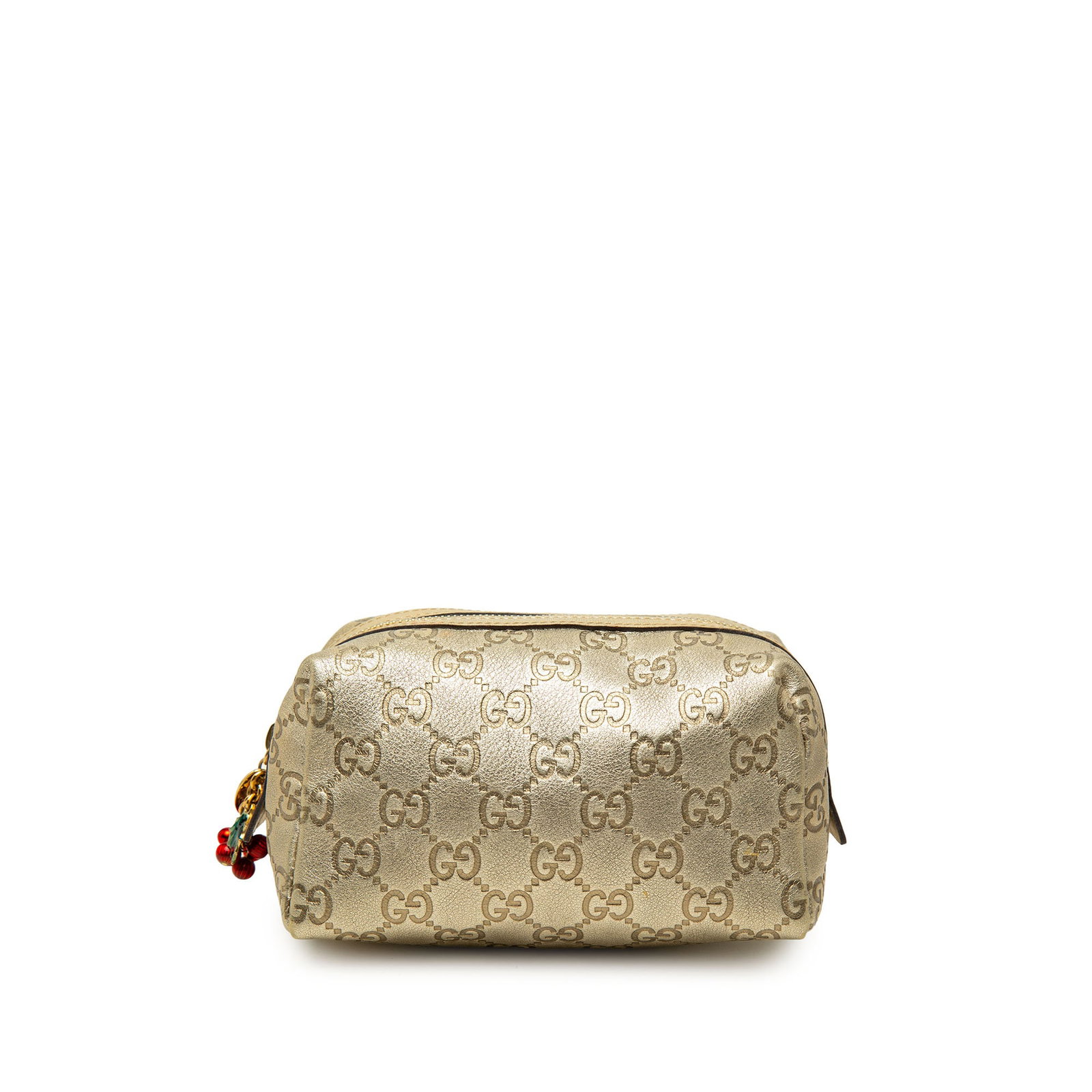 Gucci Guccissima metallic leather cosmetic pouch gold tone: Gucci Guccissima metallic leather cosmetic pouch gold tone Metallic Guccissima cosmetic pouch with an embossed leather body and top zip closure. Made in Italy, this piece shows visible wear consistent