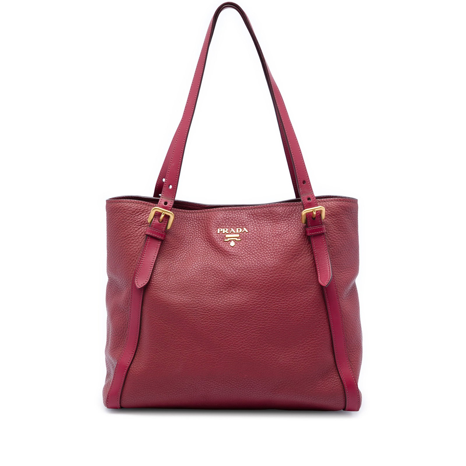 Prada Vitello Daino Leather Tote Bag Red: Prada Vitello Daino Leather Tote Bag Red Prada Vitello Daino Shopping Tote in red leather with adjustable flat leather straps, an open top with magnetic snap closure, and interior zip and slip pockets