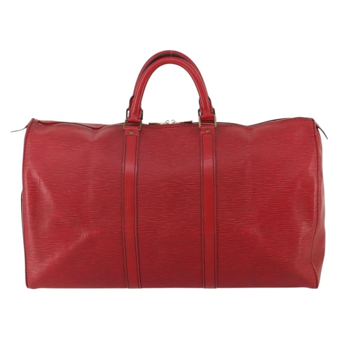 Red Epi Leather Duffle Louis Vuitton Keepall: Red Epi Leather Duffle Louis Vuitton Keepall Louis Vuitton Keepall Epi travel bag in red leather. This unisex piece is made in France and shows fair overall condition with visible signs of use, includ