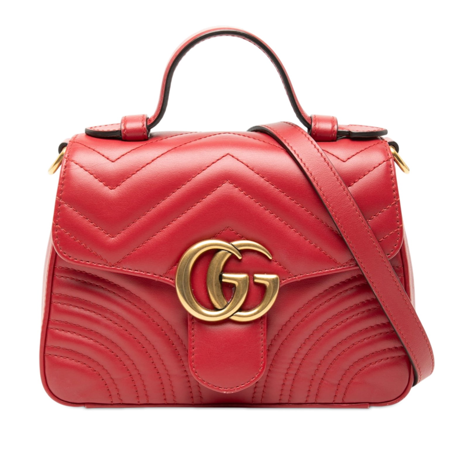 Gucci GG Marmont Mini Top Handle Satchel Red Leather: Gucci GG Marmont Mini Top Handle Satchel Red Leather Gucci Mini GG Marmont Matelasse leather top handle bag in red quilted leather. This satchel features a flat leather top handle, a detachable chain 