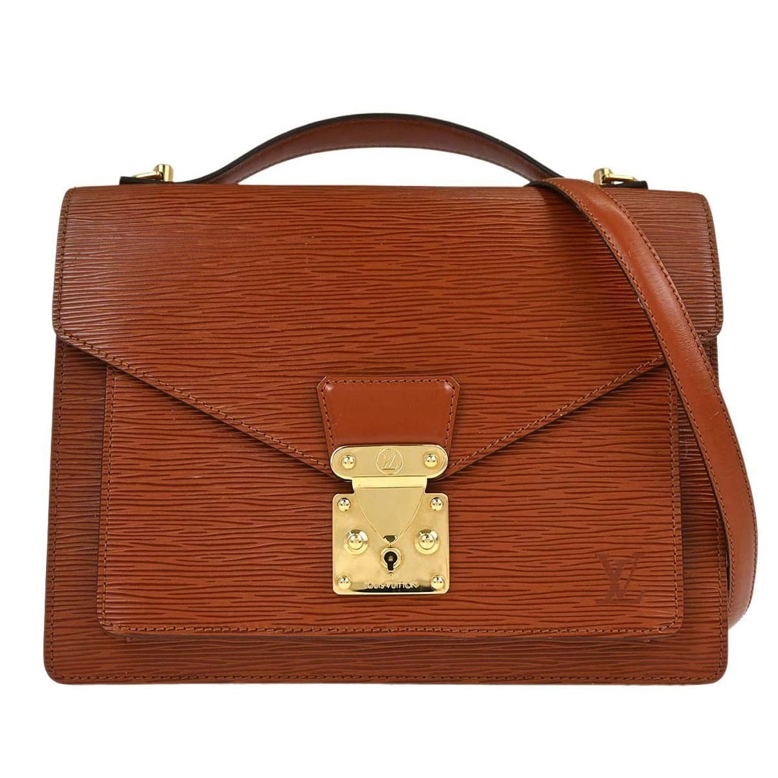 Louis Vuitton Monceau 28 Brown Epi Leather 2 Way Satchel: Louis Vuitton Monceau 28 Brown Epi Leather 2 Way Satchel Louis Vuitton Monceau 28 2-way handbag in Kenyan brown Epi leather with a flap lock closure and leather lining. This women's satchel features d