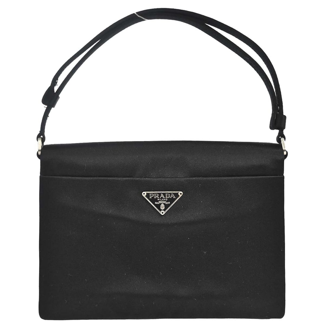 PRADA black satin tote handbag with dust bag made in Italy: PRADA black satin tote handbag with dust bag made in Italy Prada women's black handbag in a tote style, made in Italy and accompanied by a dust bag. The bag shows very good overall condition with thre