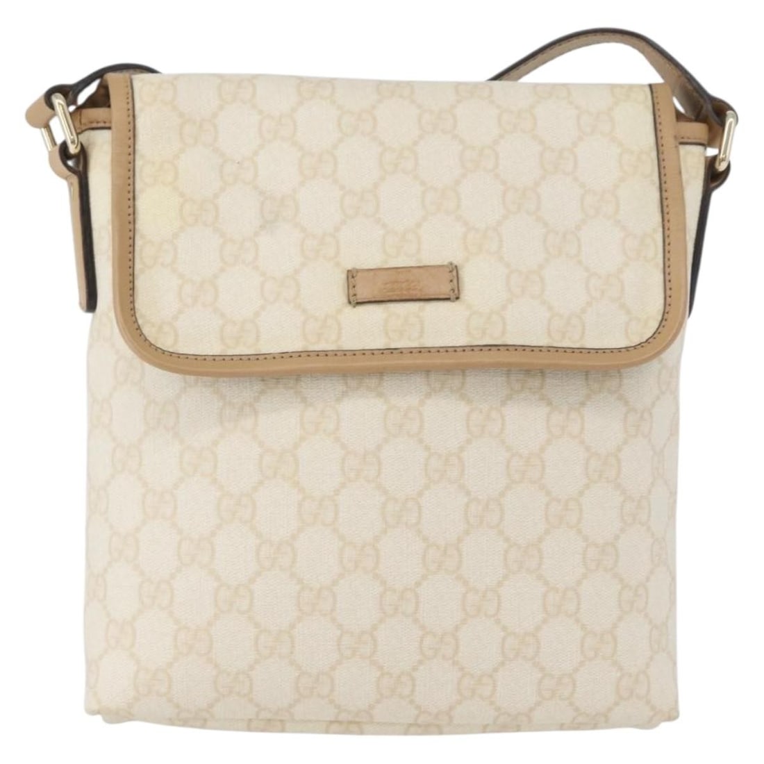 Beige GG Canvas Flap Messenger Bag by Gucci for Women: Beige GG Canvas Flap Messenger Bag by Gucci for Women This Gucci Flap Messenger bag features the iconic GG coated canvas in beige, designed for women. The bag shows surface stains and slight rubbing o