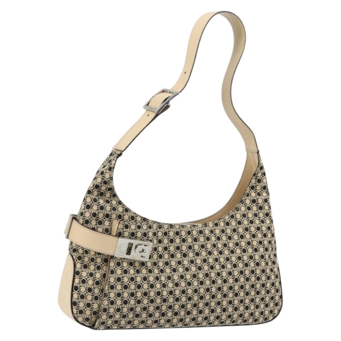 Beige Canvas Gancini Shoulder Purse by Salvatore Ferragamo Italy: Beige Canvas Gancini Shoulder Purse by Salvatore Ferragamo Italy This Salvatore Ferragamo Gancini shoulder bag is crafted from beige canvas with silver-tone accents. Designed for women, it features a 