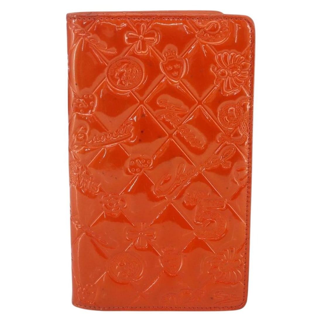 Chanel Lucky Symbols Yen Wallet Orange Patent Leather Quilted: Chanel Lucky Symbols Yen Wallet Orange Patent Leather Quilted This Chanel Lucky Symbols Yen Wallet features an embossed quilted patent leather design in orange. The wallet is crafted for women and mad