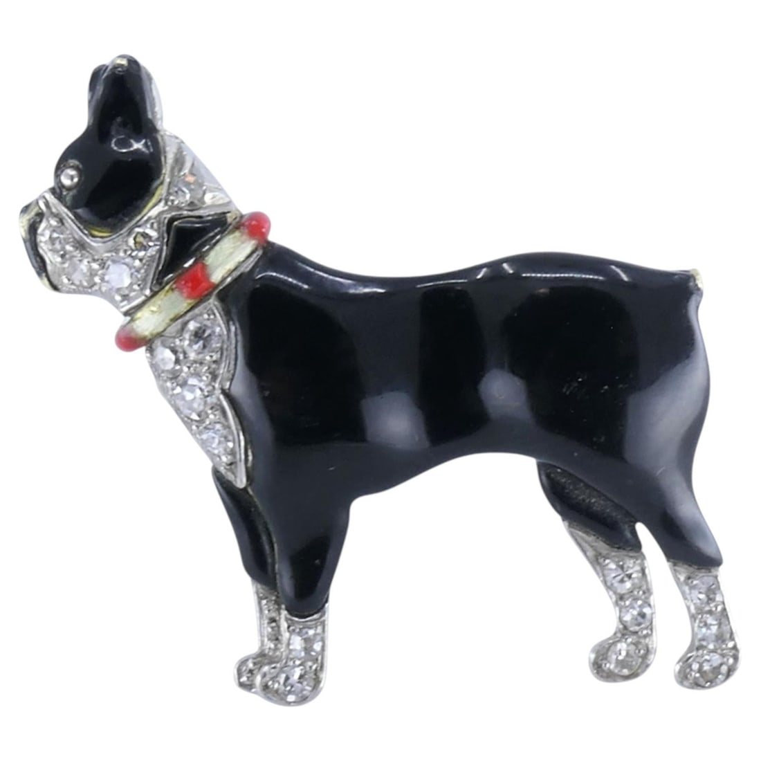 French Bulldog Brooch in Platinum with Onyx Diamond and Enamel (1 of 14)
