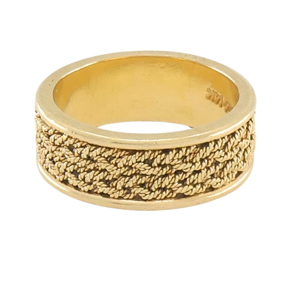 Vintage 14k Yellow Gold Woven Band Ring Size 6.75: Vintage 14k Yellow Gold Woven Band Ring Size 6.75 Vintage 14k yellow gold woven band ring with a structured design and continuous woven surface texture. Smooth edges frame the woven center, giving the