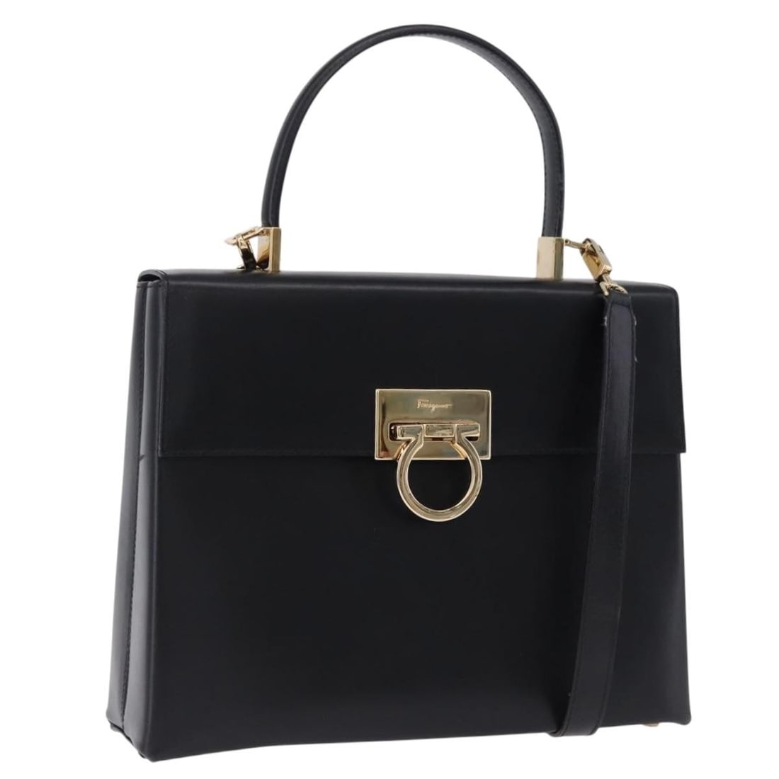 Salvatore Ferragamo Gancini 2way Leather Handbag Black with Strap: Salvatore Ferragamo Gancini 2way Leather Handbag Black with Strap Salvatore Ferragamo Gancini 2-way handbag in black leather with gold-tone accents. Designed for women and made in Italy, this bag incl