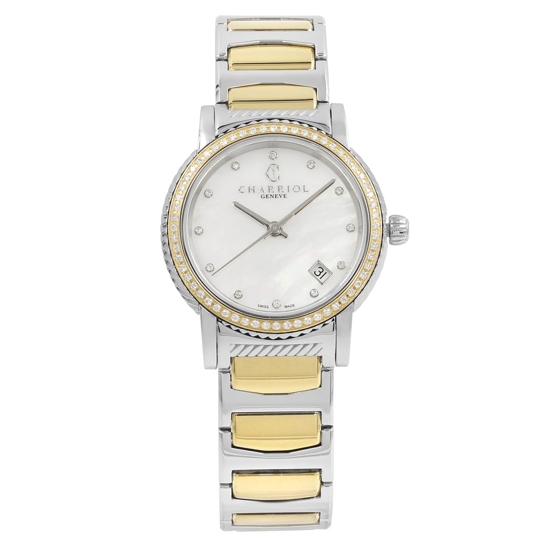 Charriol Parisii ladies quartz watch two tone steel MOP dial P33SY2D.921.001: Charriol Parisii ladies quartz watch two tone steel MOP dial P33SY2D.921.001 Charriol Parisii ladies quartz watch with a mother-of-pearl dial and a two-tone steel design. This display model shows only