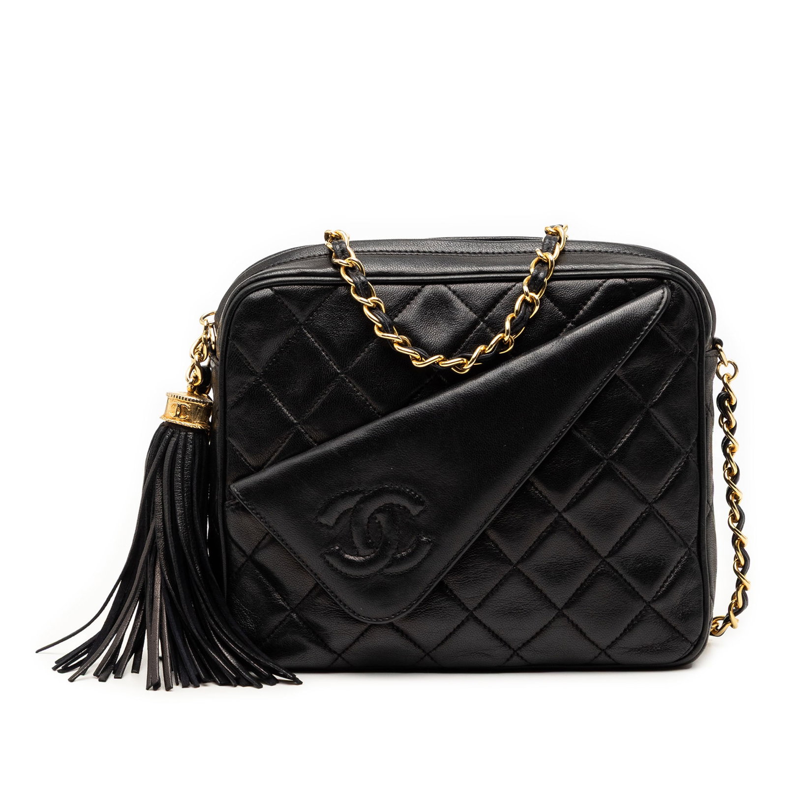 Chanel Black Lambskin Quilted Mini Camera Crossbody Bag with Tassel: Chanel Black Lambskin Quilted Mini Camera Crossbody Bag with Tassel This Chanel Mini CC Quilted Lambskin Tassel Camera Bag is crafted from black lambskin leather and features a gold-tone woven chain s