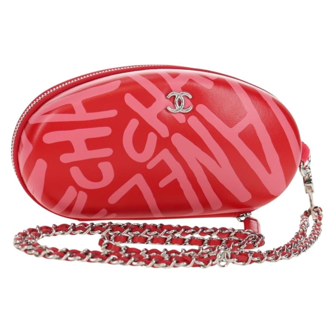CHANEL leather shoulder bag red with silver chain pouch: CHANEL leather shoulder bag red with silver chain pouch Authentic CHANEL chain pouch shoulder bag in red leather with silver-tone CC detailing. This women's shoulder bag is made in France and includes