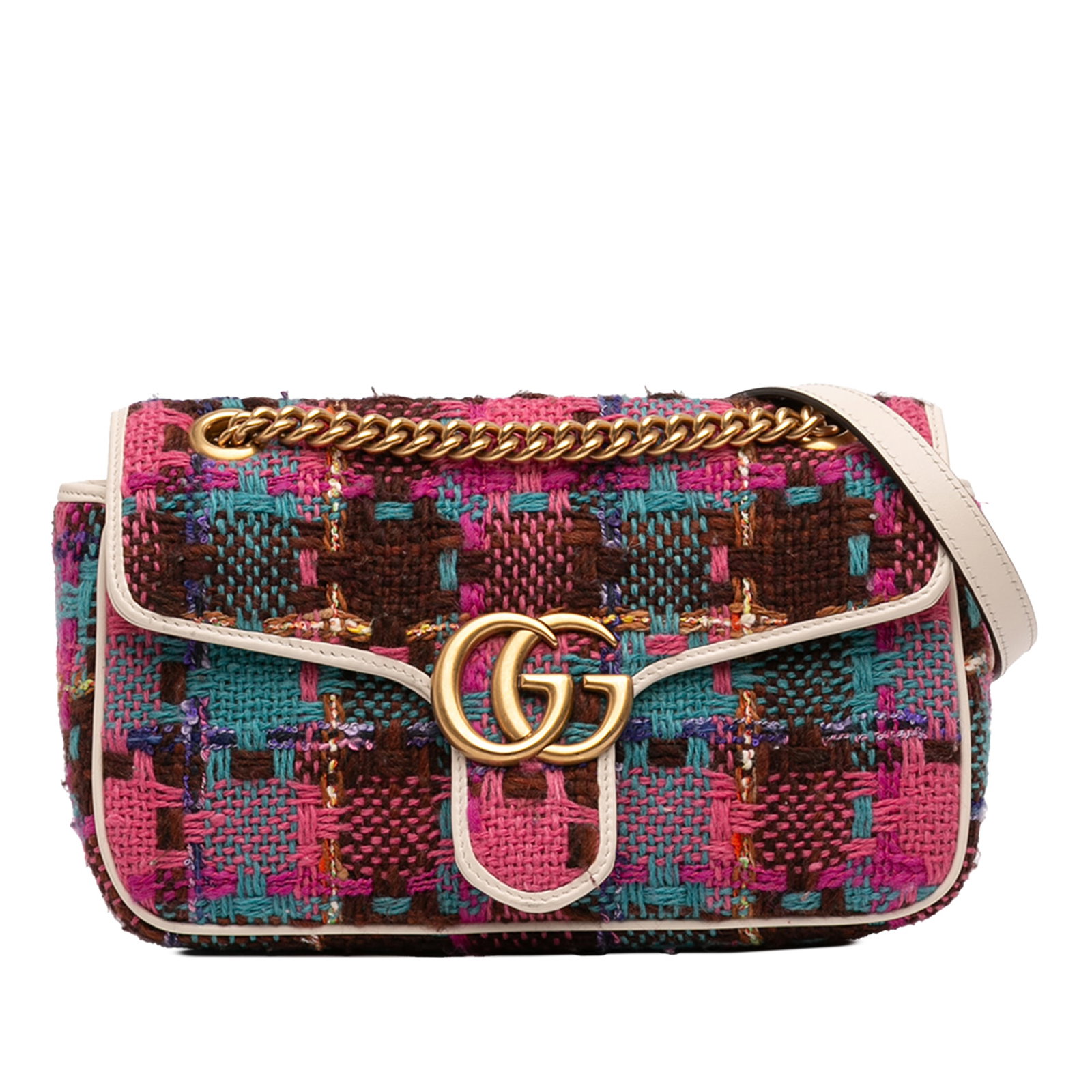 Pink Tweed GG Marmont Medium Shoulder Bag by Gucci with Gold Chain Strap: Pink Tweed GG Marmont Medium Shoulder Bag by Gucci with Gold Chain Strap This Gucci Medium GG Marmont shoulder bag features a pink tweed body with leather trim, complemented by a gold-tone chain and l
