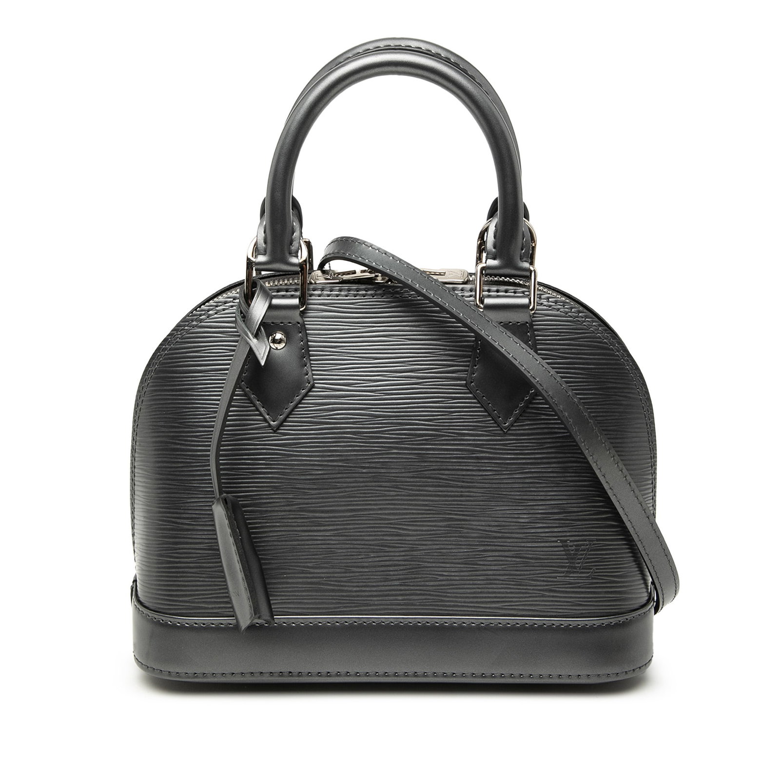 Louis Vuitton Alma BB Epi Leather Black Bag: Louis Vuitton Alma BB Epi Leather Black Bag This Louis Vuitton Epi Alma BB bag features a structured silhouette crafted from black epi leather, complemented by rolled leather handles and a detachable 